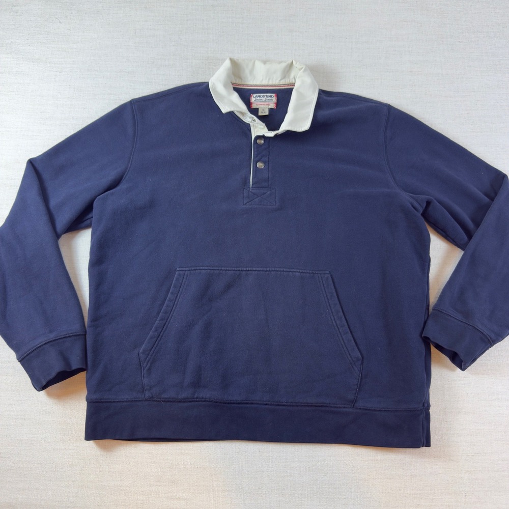 Lands End Serious Sweats Rugby Sweatshirt Mens XL Navy White Collar Snap